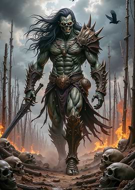 Demonic Warrior in a Skull-Strewn Landscape