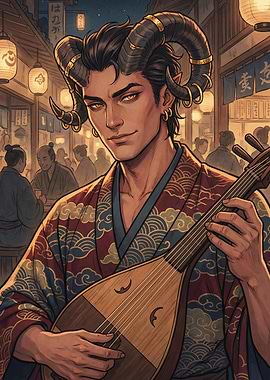 Fantasy character playing a shamisen