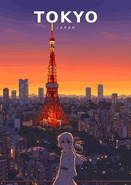 Anime Girl in Tokyo at Sunset