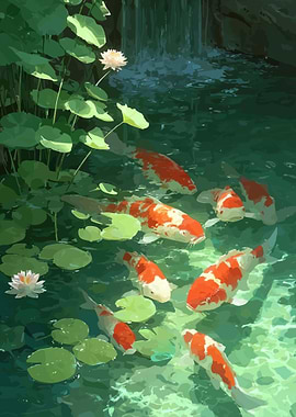 Koi pond with water lilies and waterfall
