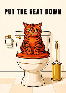 Put The Seat Down Funny Angry Cat Metal Poster - Orange Tabby Bathroom Wall Art - Retro Humorous Art
