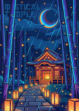 Mystical Temple in Bamboo Forest at Night