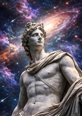 Apollo Statue in Cosmic Nebula