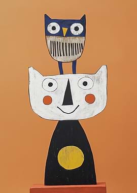 Whimsical Owl and Cat Sculpture