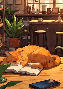 Orange cat sleeping on a book
