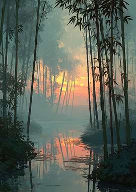 Misty Bamboo Forest at Sunrise