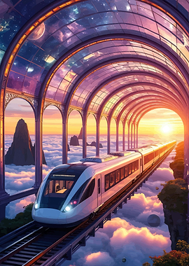 Futuristic Train in a Sky Tunnel