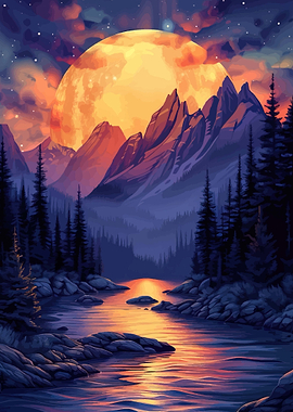 Vibrant Moonlit Mountain Landscape