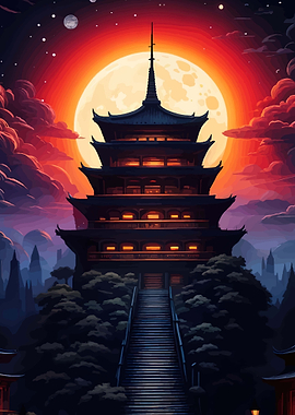 Pagoda under a giant moon
