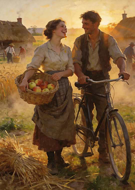 Couple with apples and bicycle at sunset