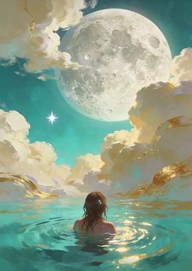Woman in Water Under a Large Moon