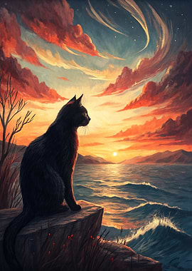 Black Cat Watching Sunset Over Ocean