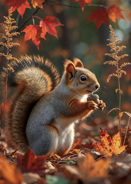 Squirrel holding an acorn in autumn