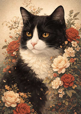 Tuxedo Cat Surrounded by Roses