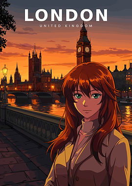 Anime Girl in London at Sunset