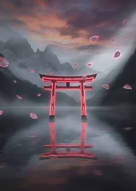 Neon Torii Gate in Misty Landscape