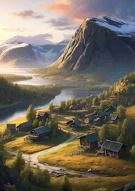 Mountain Village by a Lake