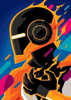 Robot with fiery aura and abstract background