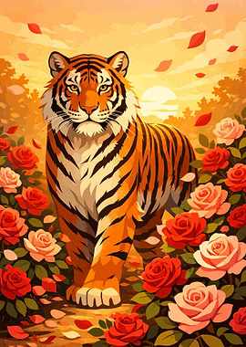 Tiger in a Rose Garden at Sunset