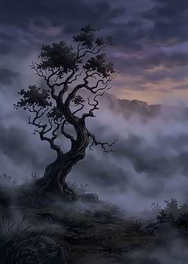 Misty Mountain Landscape with Gnarled Tree