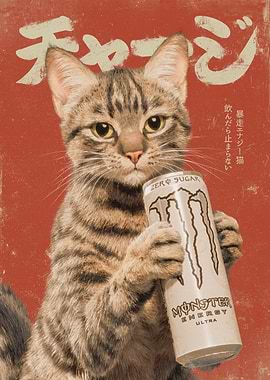 Unstoppable Energy Cat - Japanese Retro Poster Style