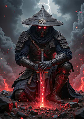 Warrior with glowing sword in storm