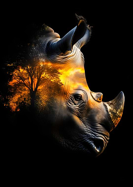 Rhinoceros with Sunset Landscape Overlay