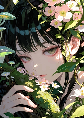 Anime Girl with Flowers and Mushrooms