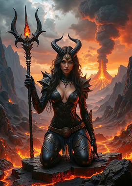 Demonic Queen in Volcanic Landscape