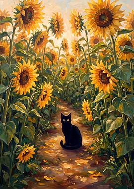 Black cat in a sunflower field