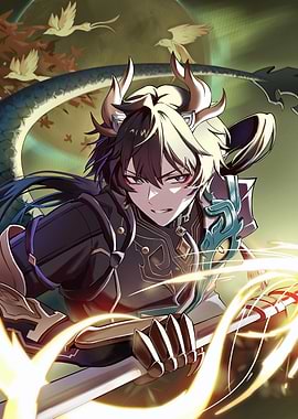 Anime character with dragon horns and sword
