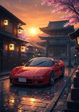 Red Sports Car in Rainy Japanese Town