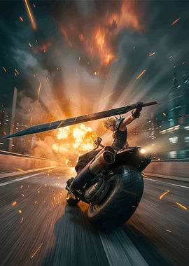 Cloud Strife on a Motorcycle with Explosion