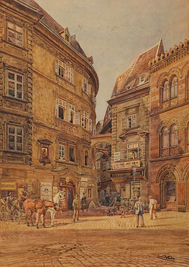 European Street Scene with Horse-Drawn Carriage