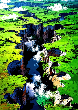 Vast Canyon Landscape with Green Plains