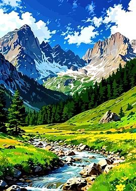Vibrant Mountain Landscape with Stream