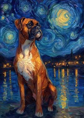 Boxer Dog in Starry Night Style