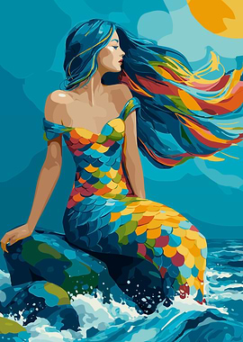 Colorful Mermaid Sitting on a Rock