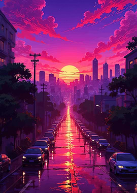 Anime City Sunset with Cars