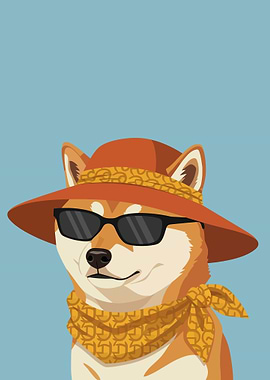 Shiba Inu Dog Wearing Sunglasses and Hat