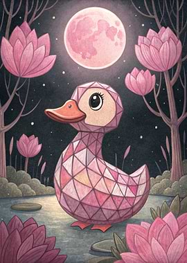 Gemstone Duck in Moonlit Lotus Pond