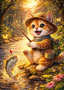 Cute Cat Fishing in a Forest Stream