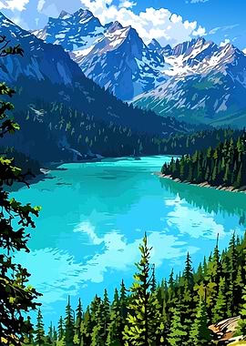 Turquoise Lake and Snow-Capped Mountains