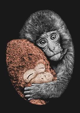 Baby monkey and doll that looks like its mother