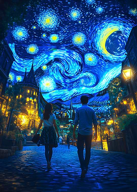 Couple walking under Van Gogh's Starry Night