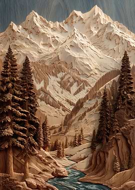 Carved Wooden Mountain Landscape