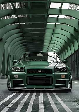 Green Nissan Skyline GT-R R34 in Tunnel