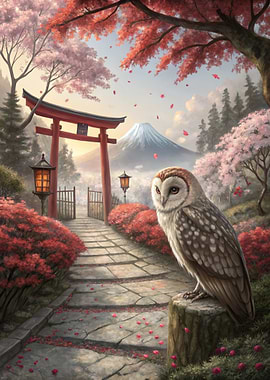 Owl in Japanese Garden with Mt. Fuji