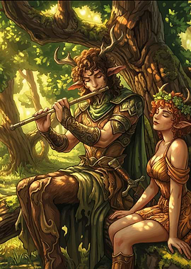 Fantasy Forest Scene with Flute Player