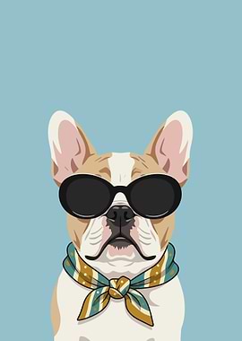 French Bulldog Wearing Sunglasses and Scarf